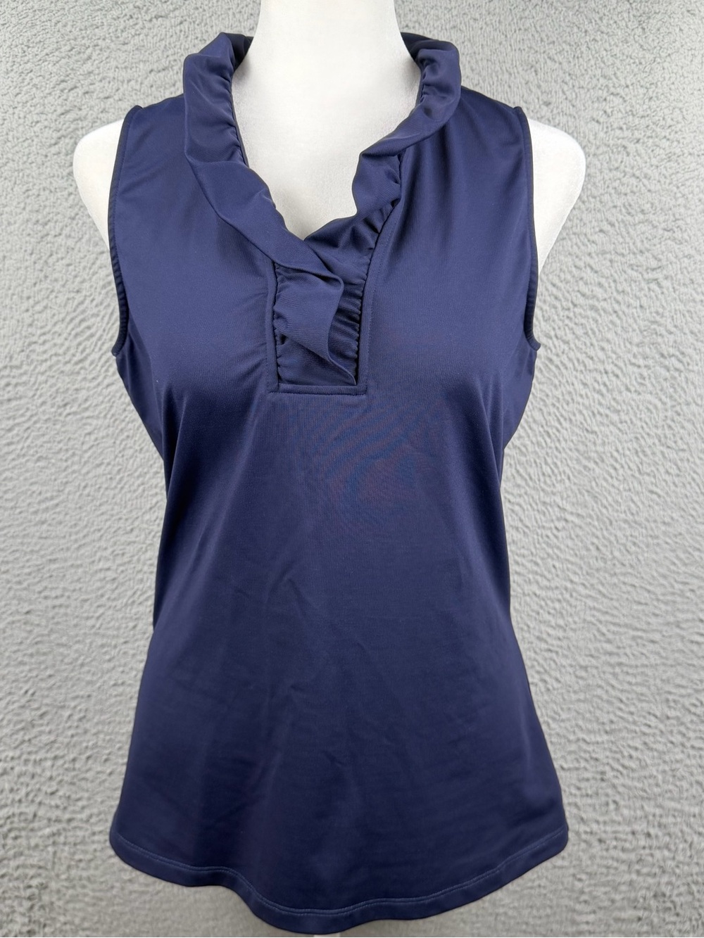 J Mclaughlin Top Womens Small Navy Blue Sleeveless Ruffle V Neck Catalina Cloth